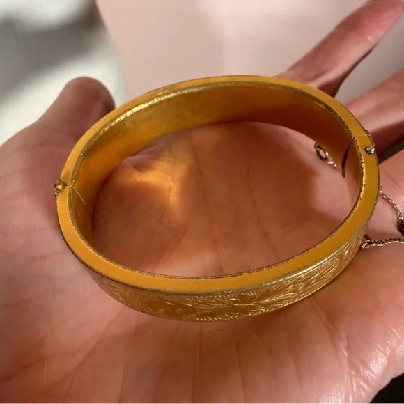 Antique Victorian 1880 stamped Gold plated Floral Etched Bangle Bracelet - Picture 8 of 16